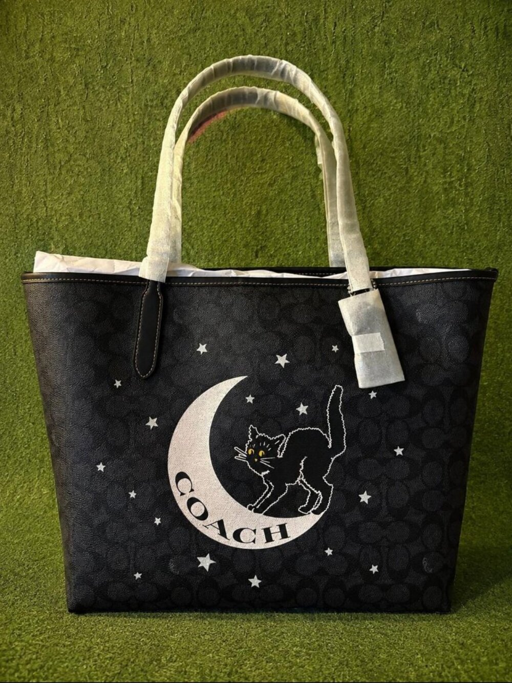 COACH Halloween Black Cat Moon Signature City Tote Bag